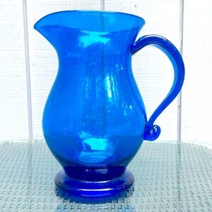 Blenko Art Glass Handnlown Blue 8” Pitcher Vintage MCM Applied Scroll Handle EUC